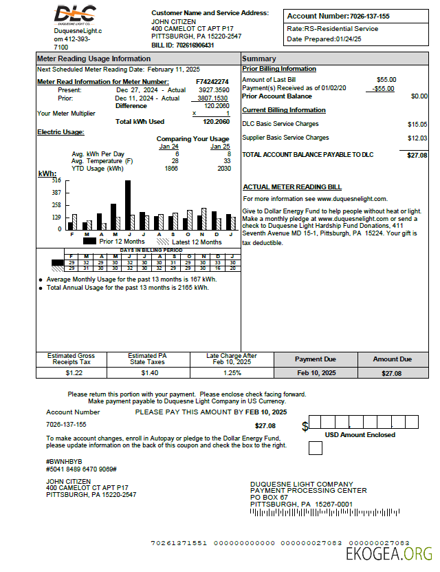 USA Duquesne Light Company utility bill template in Word and PDF formats